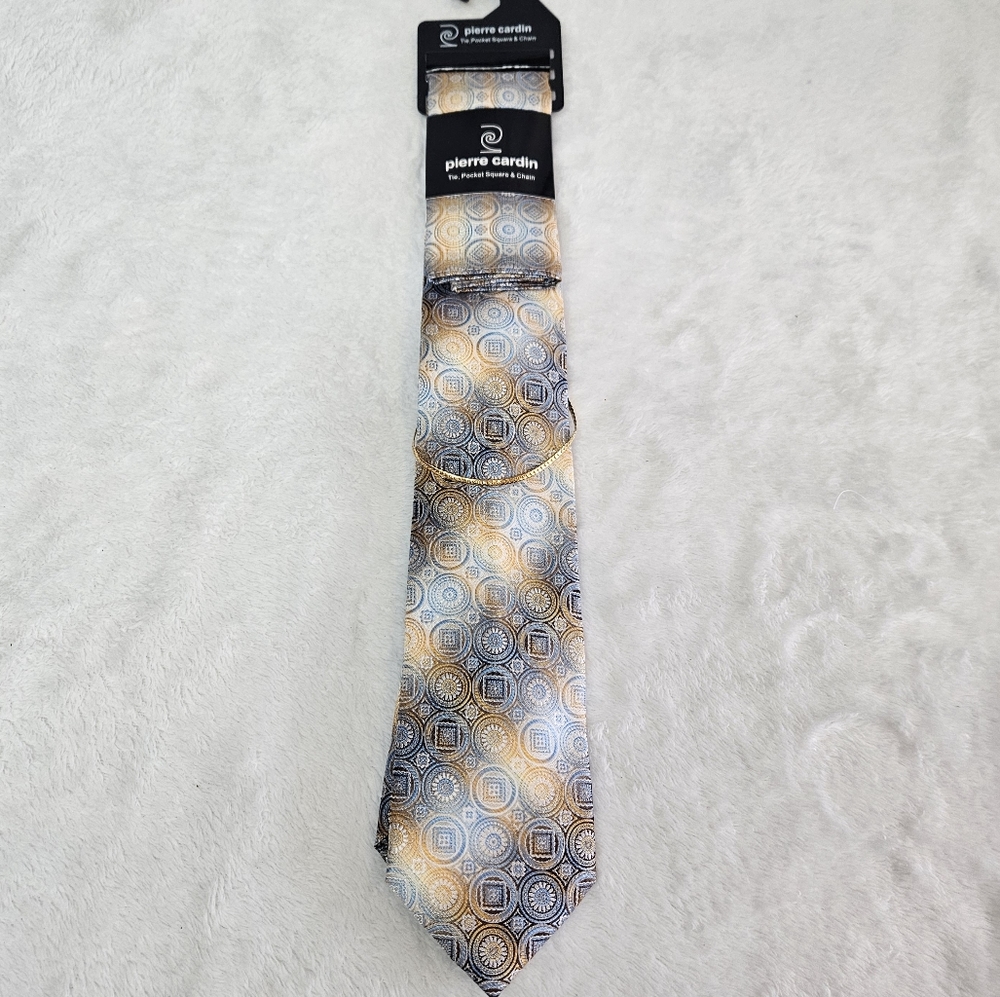 NEW Pierre Cardin Neck Tie Pocket Square & Chain Gold Blue White Circles